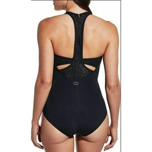 Calia Lace Pieced Zip Up One Piece Swimsuit